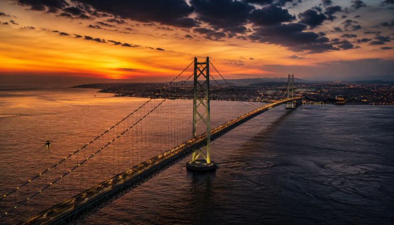 神戸と淡路島を繋ぐ明石海峡大橋の全景。本四ルート最大の交通量を支えるこの巨大な懸垂橋は、観光シーズンには深刻な停滞の舞台となる。