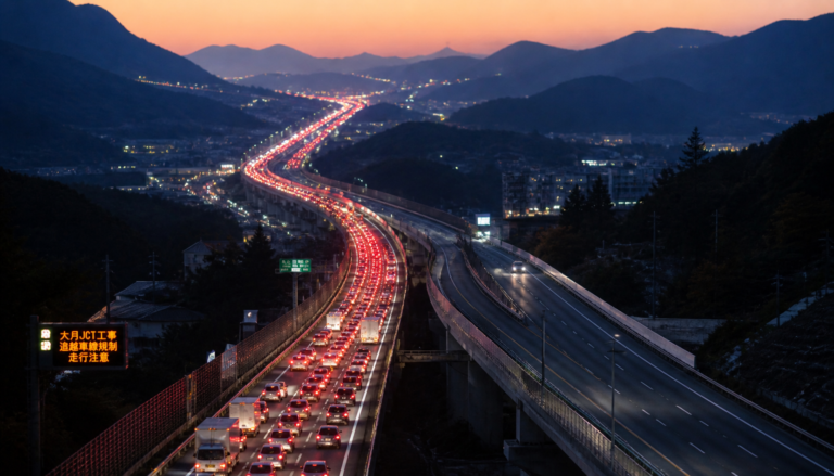 夕暮れ時の山間部を走る高速道路で、テールランプの列が続く渋滞の様子と、それとは対照的に空いている車線を描いたドラマチックな風景写真。
