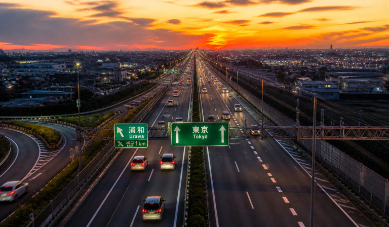 地平線まで続くまっすぐな東北自動車道の風景。夕暮れ時の空と、都心へ向かう車たちのライトが印象的な長距離ドライブの情景写真。