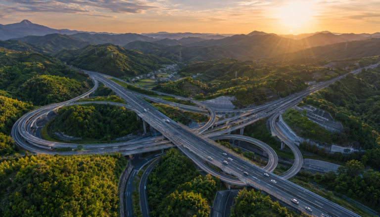 四国高速道路の要衝・川之江ジャンクション。香川・徳島・愛媛・高知の4県を結ぶ「四国のへそ」であり、交通が集中する最大の渋滞ポイント。